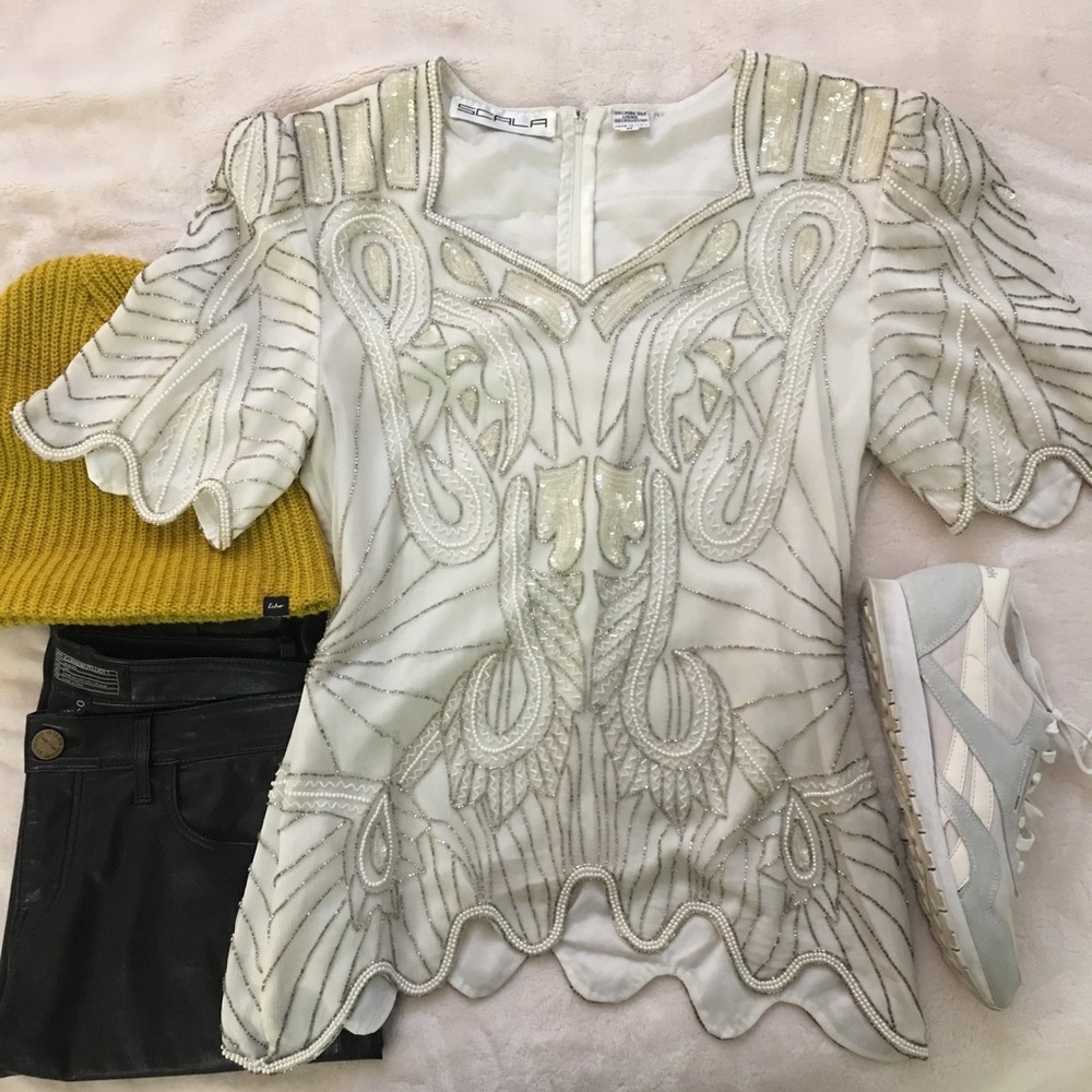Scala White Heavy Beaded Top